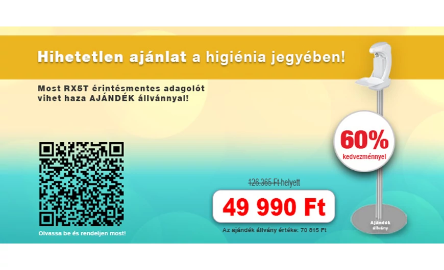 RX5T érintésmentes adagoló ajándék állvánnyal – higiénia kompromisszumok nélkül, most 60% kedvezménnyel